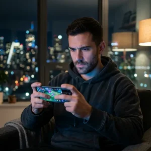 Игрок-новичок внимательно изучает игру на смартфоне — первые шаги на сервере Black Russia